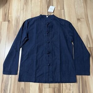 Women's Sz XL Linen Blend Long Sleeve Knot Button Front Shirt Stand Collar Blue